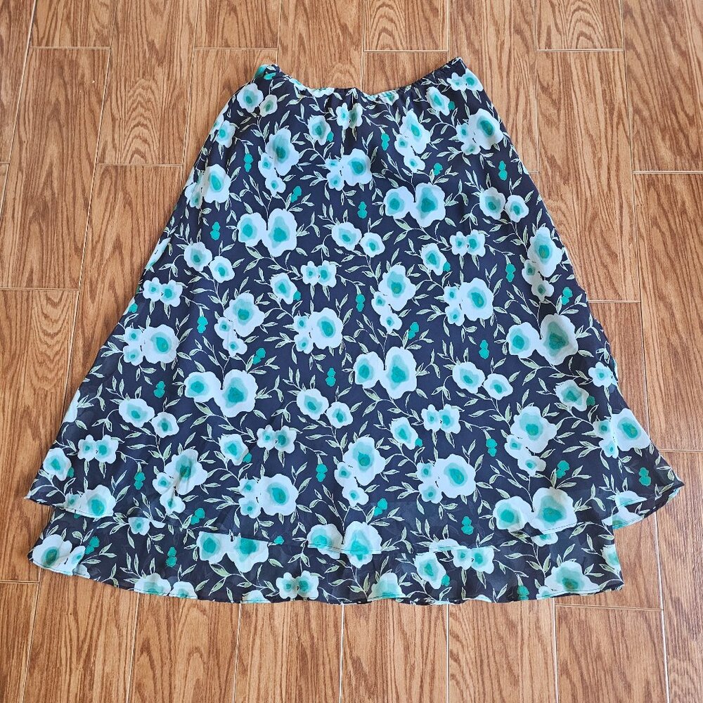 East 5th Black & Green Floral Midi Skirt | Ss 12 | Flowy Career or Casual Style